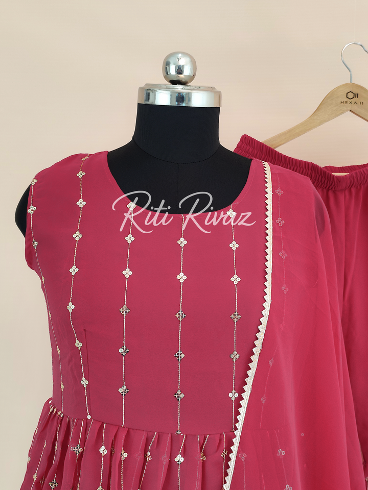 Functional Pink Color Georgette Fabric Embroidered Kurti, Sharara, Dupatta Ready to wear Salwar Suit, Festive wear For Women, Punjabi Suit
