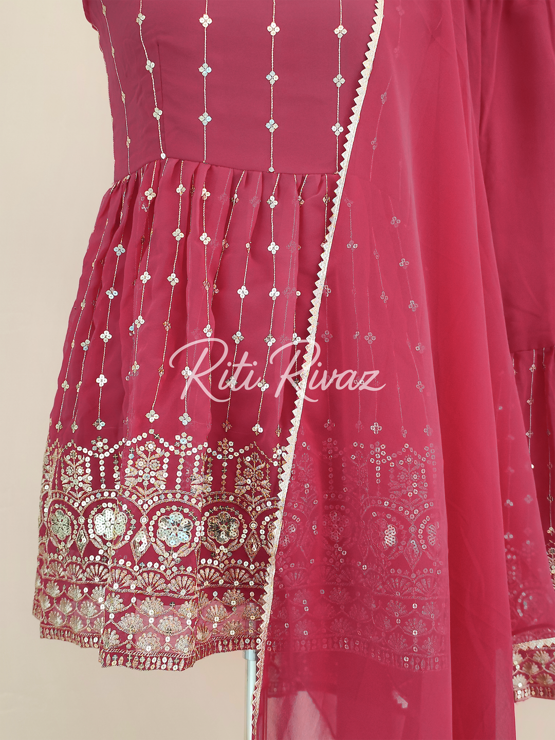 Functional Pink Color Georgette Fabric Embroidered Kurti, Sharara, Dupatta Ready to wear Salwar Suit, Festive wear For Women, Punjabi Suit