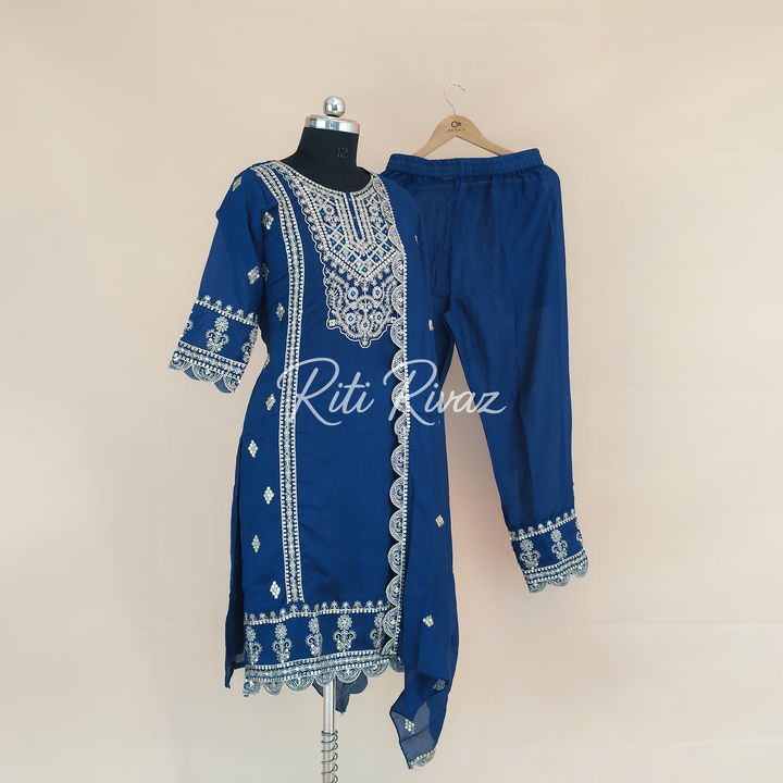 Stylish Pakistani Blue Color Vichitra Silk Embroidered Top, Bottom, Dupatta Ready to wear Festive Wear Salwar Suit For Women, Ethnic Wear