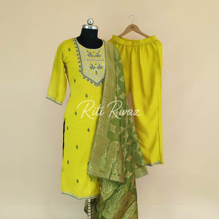 Traditional Look Yellow Color Jalpari Fabric Embroidered Top, Bottom, Dupatta Ready to wear Festive Wear Salwar Suit For Women