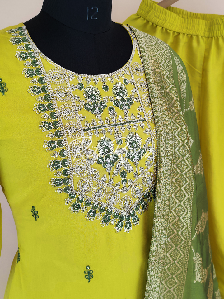 Traditional Look Yellow Color Jalpari Fabric Embroidered Top, Bottom, Dupatta Ready to wear Festive Wear Salwar Suit For Women