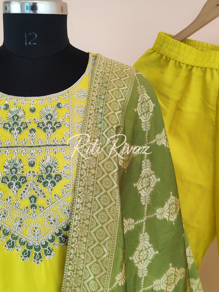 Traditional Look Yellow Color Jalpari Fabric Embroidered Top, Bottom, Dupatta Ready to wear Festive Wear Salwar Suit For Women