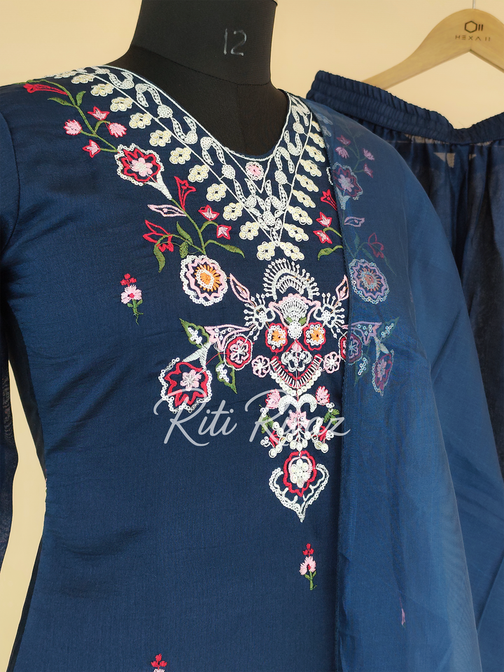 Pakistani Blue Color Vichitra Silk Fabric Embroidered Top, Bottom, Dupatta Ready to wear Festive Wear Salwar Suit For Women, Traditional