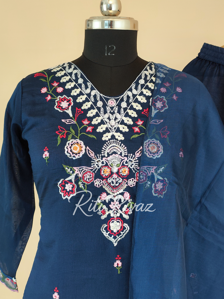 Pakistani Blue Color Vichitra Silk Fabric Embroidered Top, Bottom, Dupatta Ready to wear Festive Wear Salwar Suit For Women, Traditional