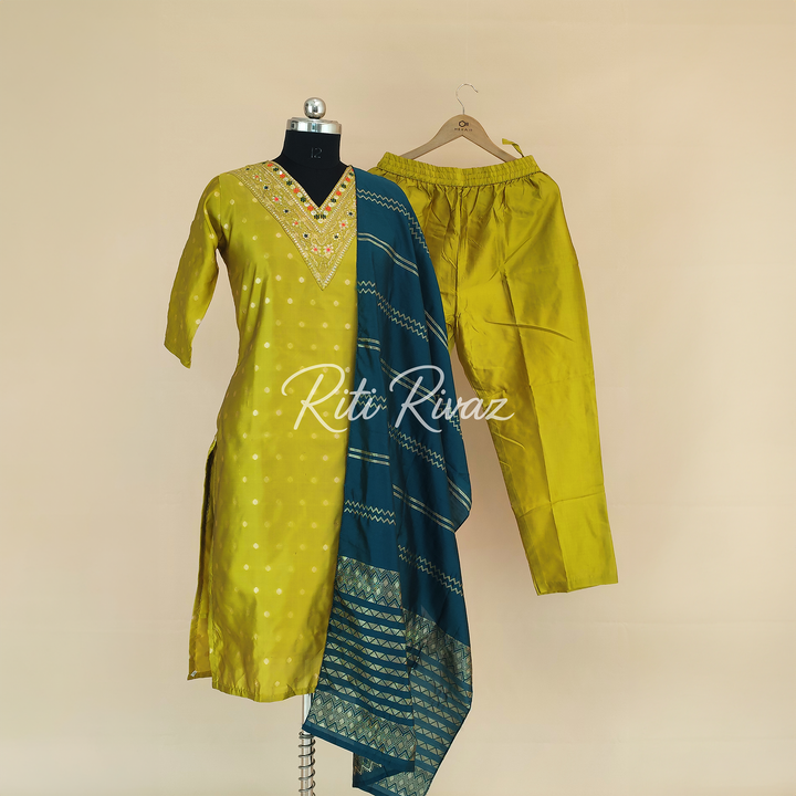 Ethnic Look Mustard Color Jacquard Fabric Woven Design Top, Bottom, Dupatta Ready to wear Festive Wear Salwar Suit For Women, Traditional