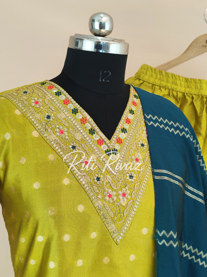 Ethnic Look Mustard Color Jacquard Fabric Woven Design Top, Bottom, Dupatta Ready to wear Festive Wear Salwar Suit For Women, Traditional