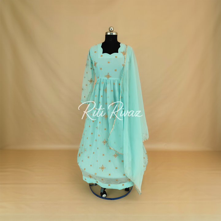 Indian Partywear Sky Blue Georgette Anarkali Gown With Heavy Embroidery Sequence Work And Dupatta For Women, Designer Gown,Traditional Dress