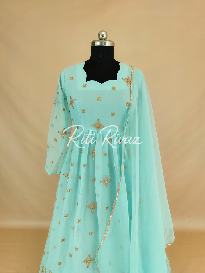 Indian Partywear Sky Blue Georgette Anarkali Gown With Heavy Embroidery Sequence Work And Dupatta For Women, Designer Gown,Traditional Dress