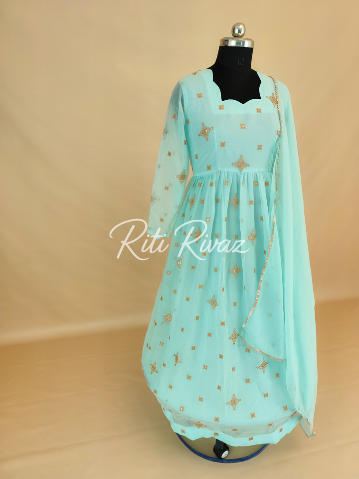 Indian Partywear Sky Blue Georgette Anarkali Gown With Heavy Embroidery Sequence Work And Dupatta For Women, Designer Gown,Traditional Dress