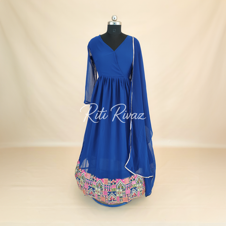 Blue Georgette Gown With Sequence Embroidery Work And Dupatta For Women, Anarkali Kurti, Long Flared Dress, Indian Wear Bridesmaid Dress