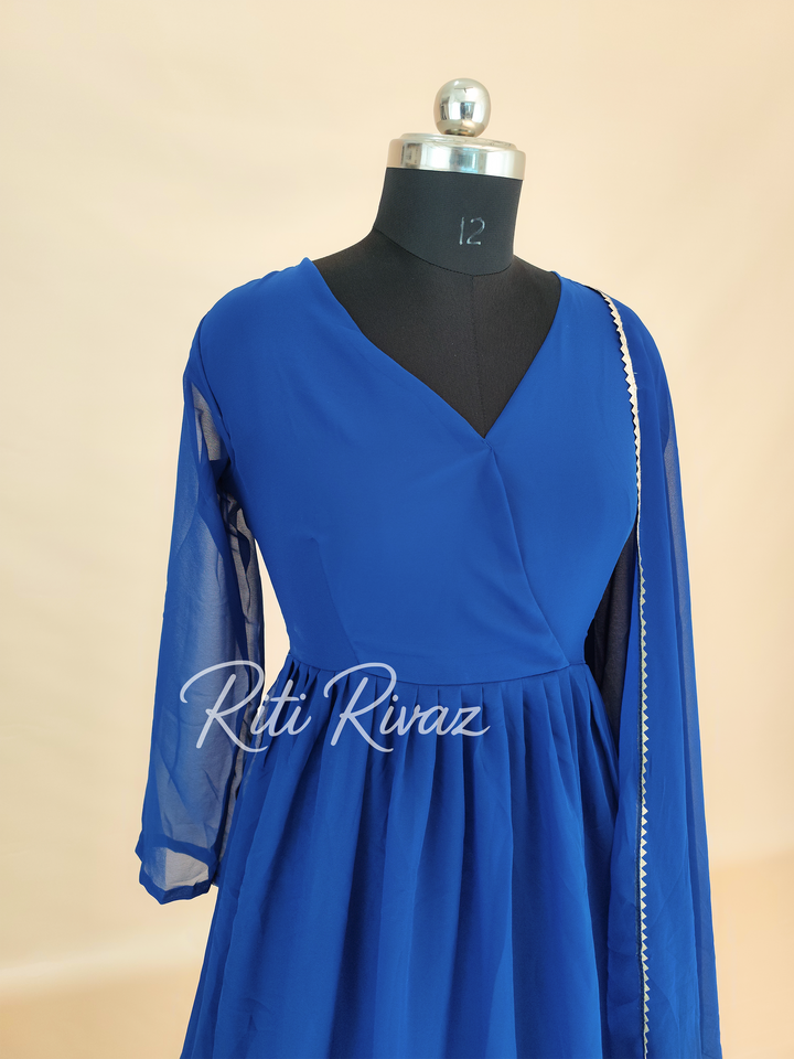 Blue Georgette Gown With Sequence Embroidery Work And Dupatta For Women, Anarkali Kurti, Long Flared Dress, Indian Wear Bridesmaid Dress