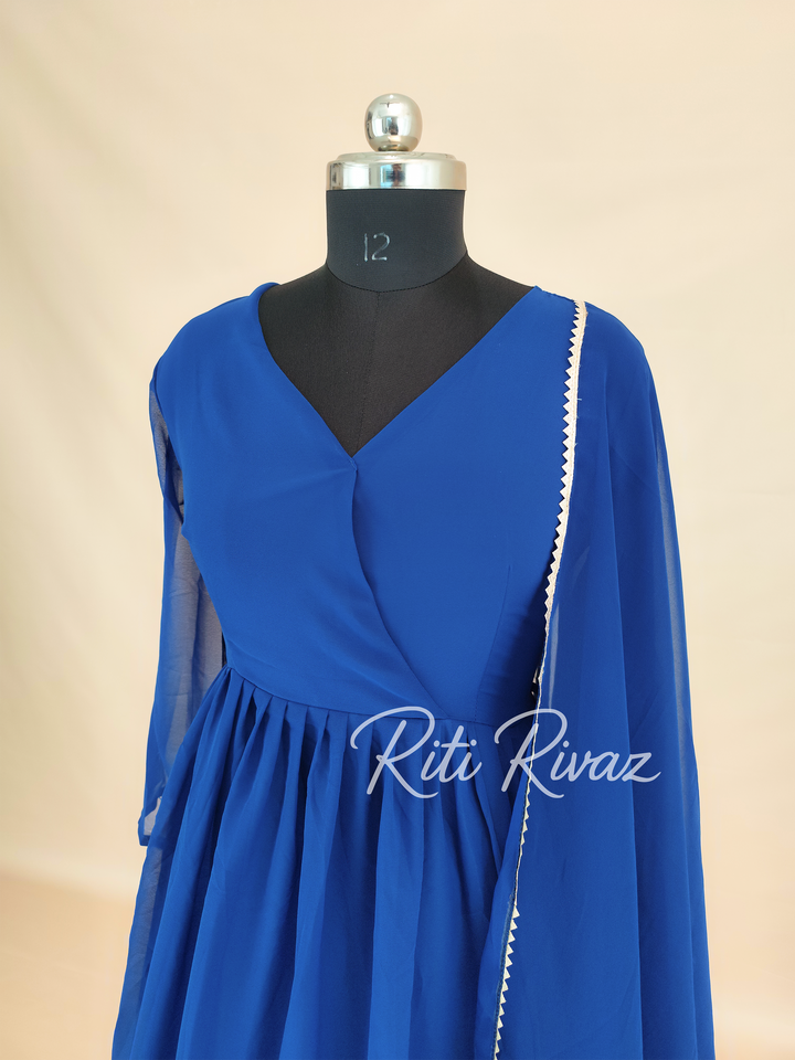 Blue Georgette Gown With Sequence Embroidery Work And Dupatta For Women, Anarkali Kurti, Long Flared Dress, Indian Wear Bridesmaid Dress