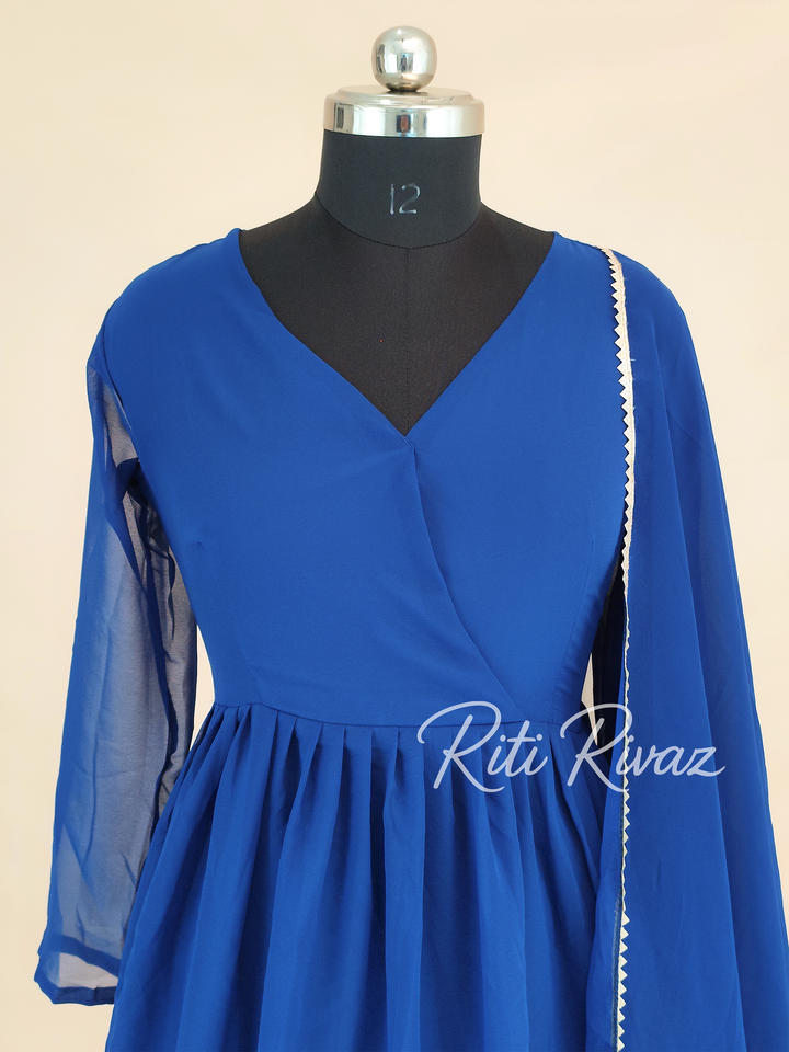 Blue Georgette Gown With Sequence Embroidery Work And Dupatta For Women, Anarkali Kurti, Long Flared Dress, Indian Wear Bridesmaid Dress
