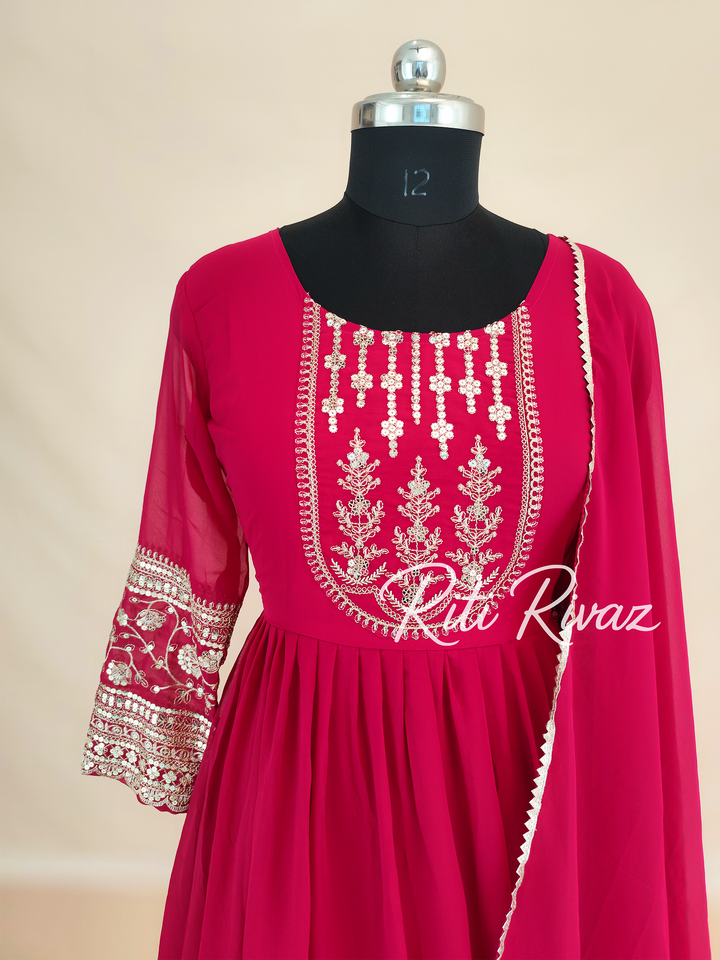 Indian Wear Pink Georgette Gown With Sequence Embroidery Work And Dupatta For Women, Anarkali Kurti, Long Flared Dress, Bridesmaid Dress