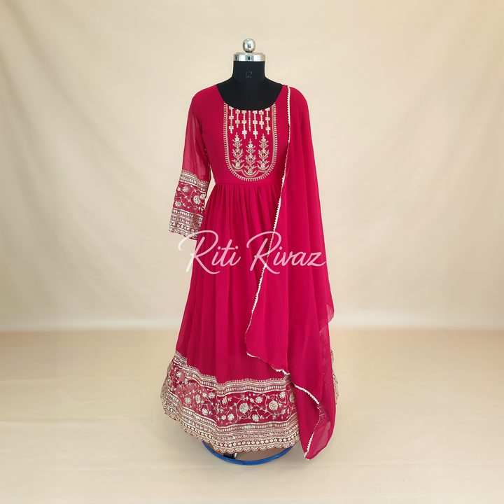 Indian Wear Pink Georgette Gown With Sequence Embroidery Work And Dupatta For Women, Anarkali Kurti, Long Flared Dress, Bridesmaid Dress