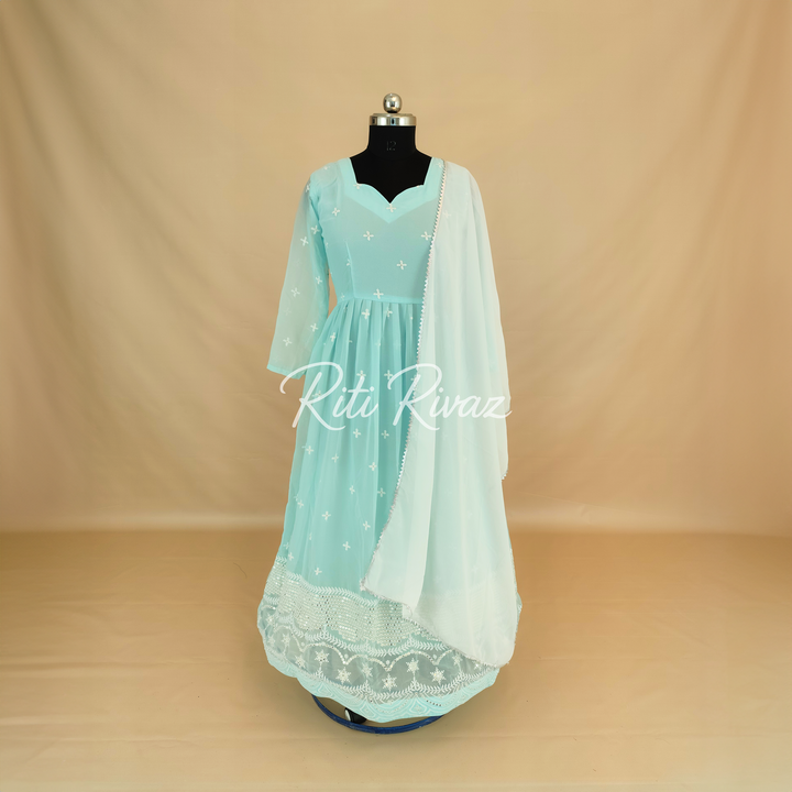 Indian Party Wear Sky Blue Chinon Georgette Gown With Heavy Embroidery Sequence Work And Dupatta For Women, Designer Gown, Traditional Dress