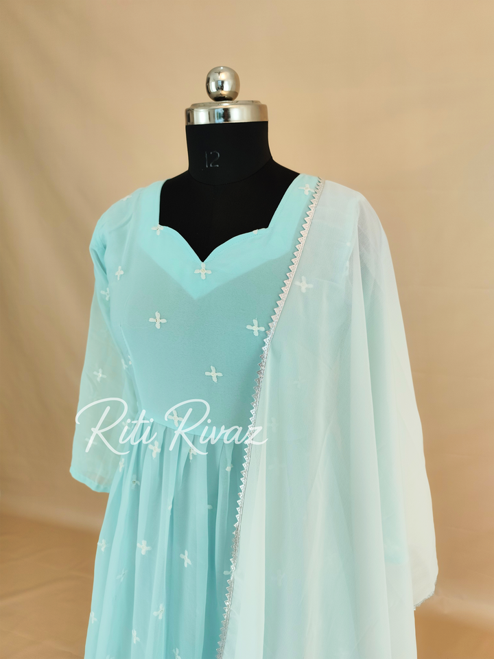 Indian Party Wear Sky Blue Chinon Georgette Gown With Heavy Embroidery Sequence Work And Dupatta For Women, Designer Gown, Traditional Dress