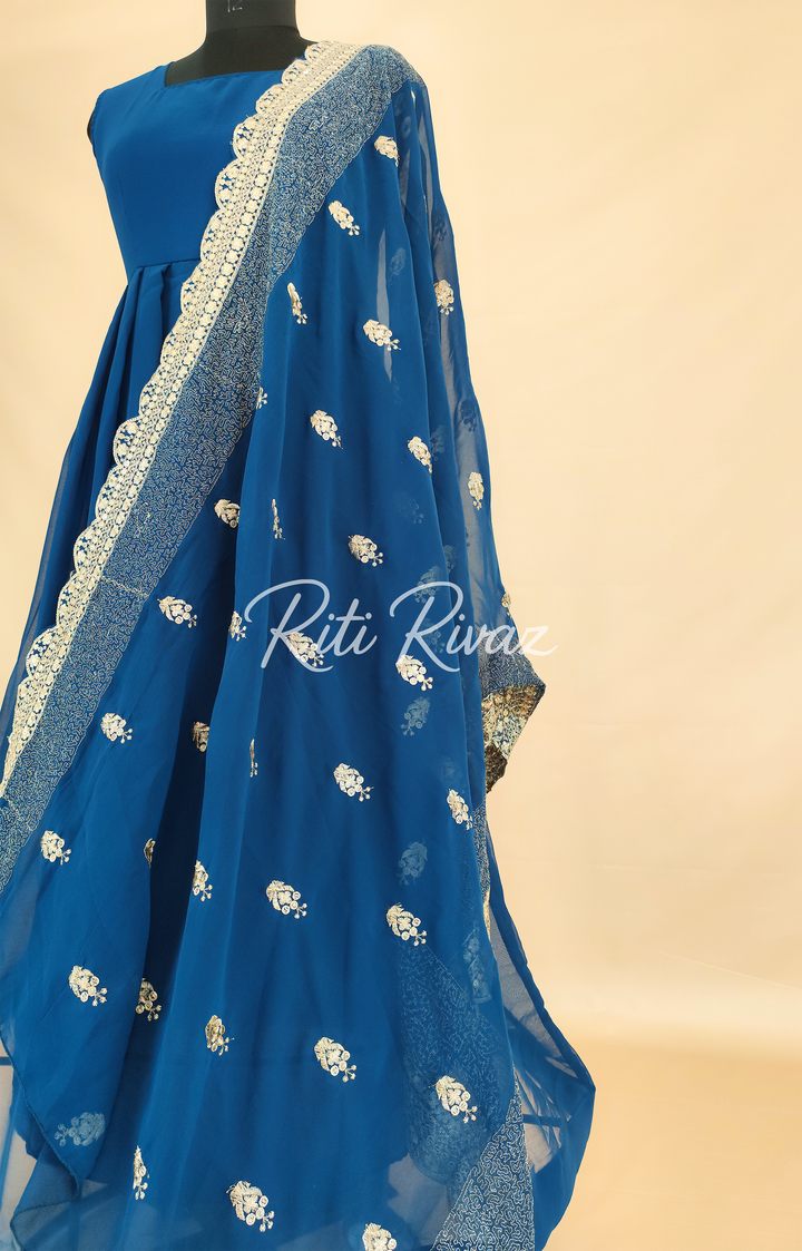 Indian Wear Blue Georgette Gown With Sequence Embroidery Work And Dupatta For Women, Ethnic Wear, Bridesmaid Gift, Formal Occasion Outfit