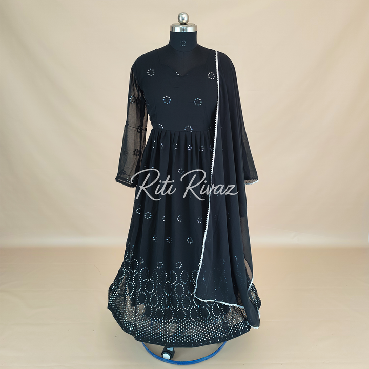 Indian Partywear Black Georgette Anarkali Gown With Heavy Embroidery Sequence Work And Dupatta For Women, Designer Gown,Traditional Dress