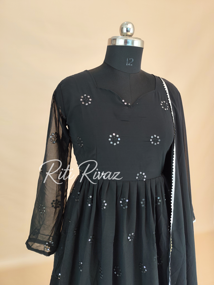 Indian Partywear Black Georgette Anarkali Gown With Heavy Embroidery Sequence Work And Dupatta For Women, Designer Gown,Traditional Dress