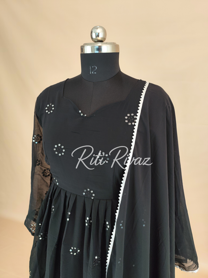 Indian Partywear Black Georgette Anarkali Gown With Heavy Embroidery Sequence Work And Dupatta For Women, Designer Gown,Traditional Dress