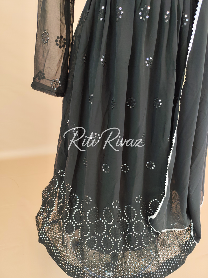 Indian Partywear Black Georgette Anarkali Gown With Heavy Embroidery Sequence Work And Dupatta For Women, Designer Gown,Traditional Dress