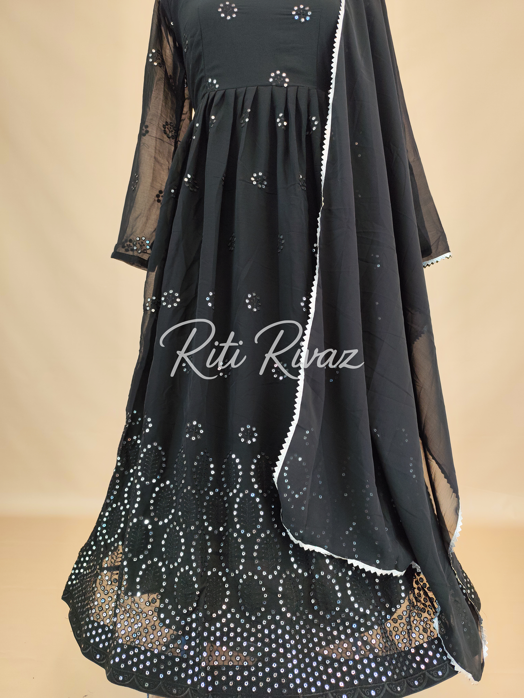 Indian Partywear Black Georgette Anarkali Gown With Heavy Embroidery Sequence Work And Dupatta For Women, Designer Gown,Traditional Dress