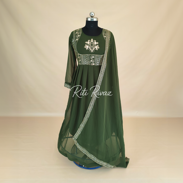 Green Georgette Gown With Embroidery Sequence Work And Dupatta For Women, Anarkali Kurti, Long Flared Dress For Wedding, Dress For Wedding