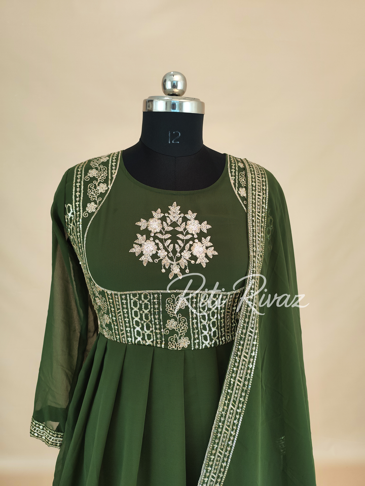 Green Georgette Gown With Embroidery Sequence Work And Dupatta For Women, Anarkali Kurti, Long Flared Dress For Wedding, Dress For Wedding