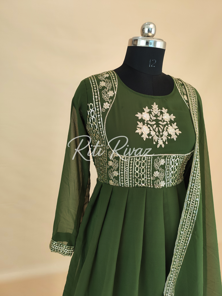 Green Georgette Gown With Embroidery Sequence Work And Dupatta For Women, Anarkali Kurti, Long Flared Dress For Wedding, Dress For Wedding