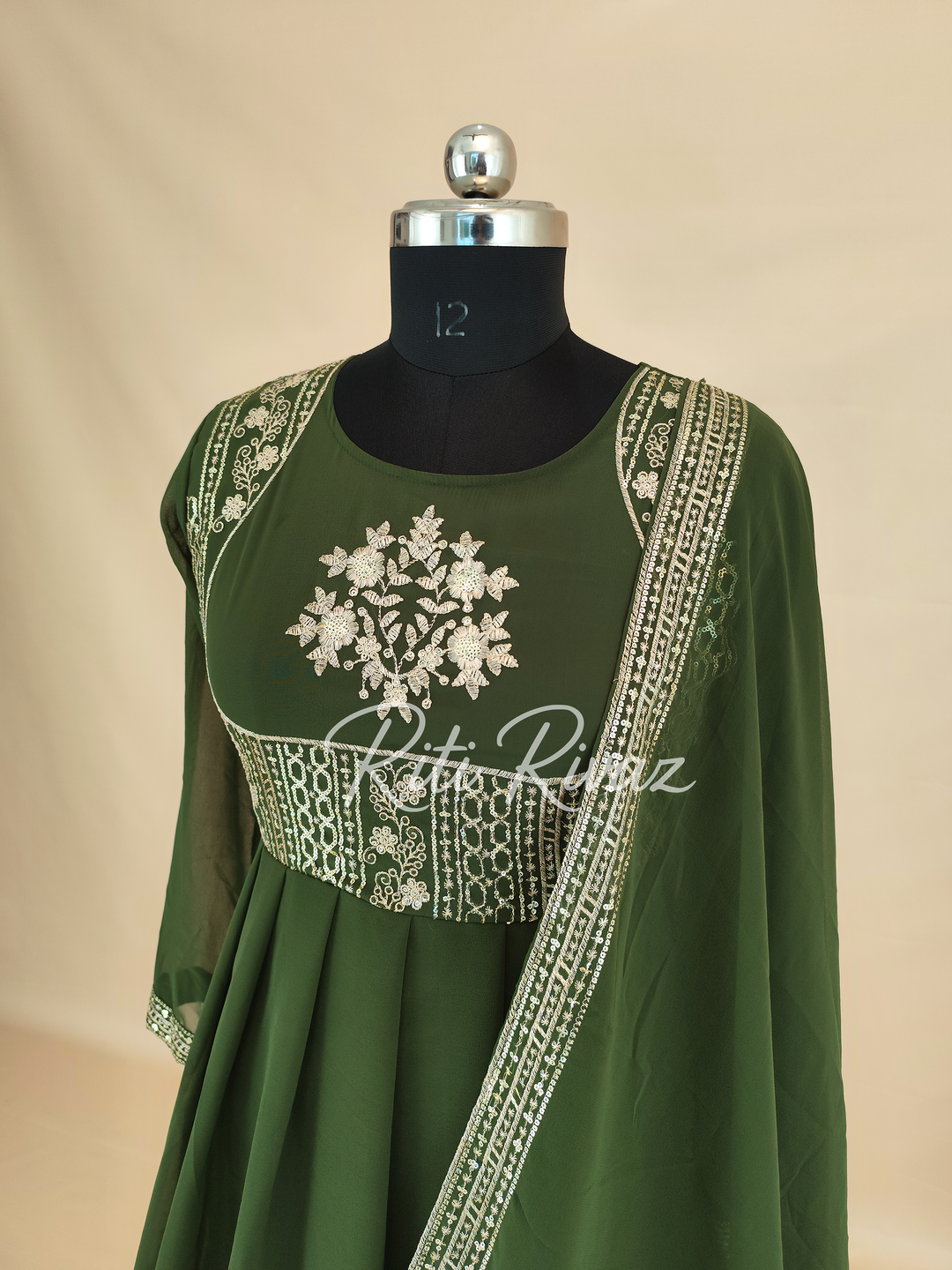 Green Georgette Gown With Embroidery Sequence Work And Dupatta For Women, Anarkali Kurti, Long Flared Dress For Wedding, Dress For Wedding