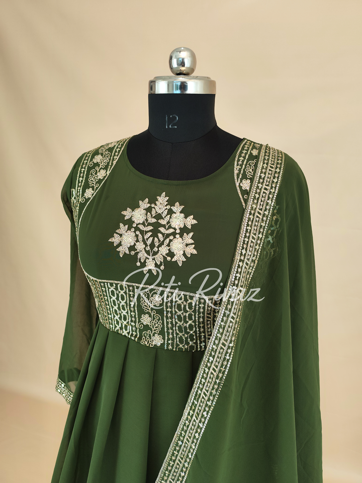 Green Georgette Gown With Embroidery Sequence Work And Dupatta For Women, Anarkali Kurti, Long Flared Dress For Wedding, Dress For Wedding