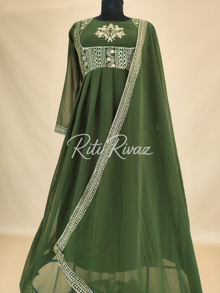 Green Georgette Gown With Embroidery Sequence Work And Dupatta For Women, Anarkali Kurti, Long Flared Dress For Wedding, Dress For Wedding