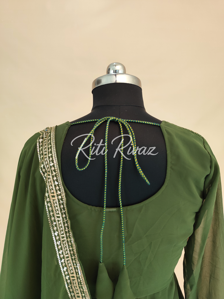 Green Georgette Gown With Embroidery Sequence Work And Dupatta For Women, Anarkali Kurti, Long Flared Dress For Wedding, Dress For Wedding