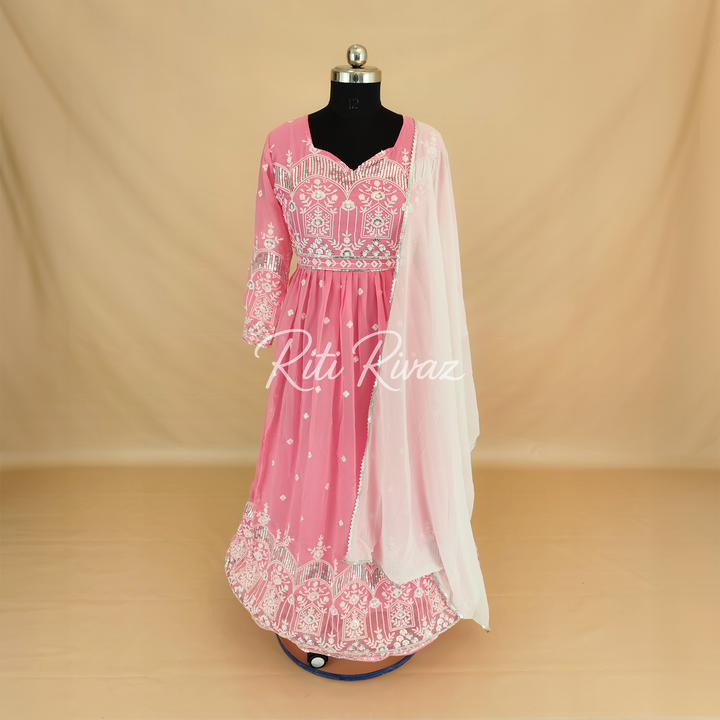 Baby Pink Georgette Gown With Embroidery Sequence Work And Dupatta For Women, Anarkali Gown, Long Flared Dress For Wedding,Dress For Wedding