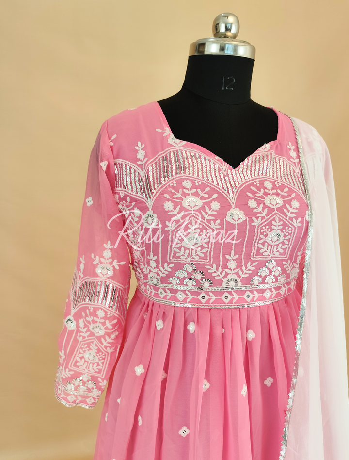Baby Pink Georgette Gown With Embroidery Sequence Work And Dupatta For Women, Anarkali Gown, Long Flared Dress For Wedding,Dress For Wedding
