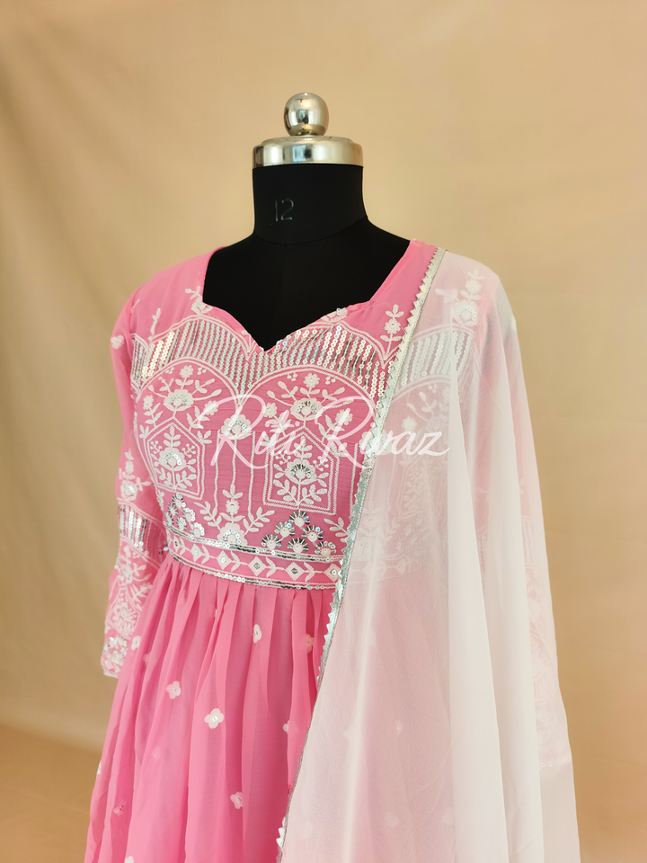 Baby Pink Georgette Gown With Embroidery Sequence Work And Dupatta For Women, Anarkali Gown, Long Flared Dress For Wedding,Dress For Wedding