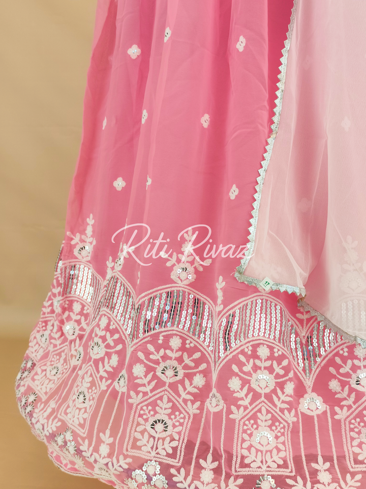 Baby Pink Georgette Gown With Embroidery Sequence Work And Dupatta For Women, Anarkali Gown, Long Flared Dress For Wedding,Dress For Wedding