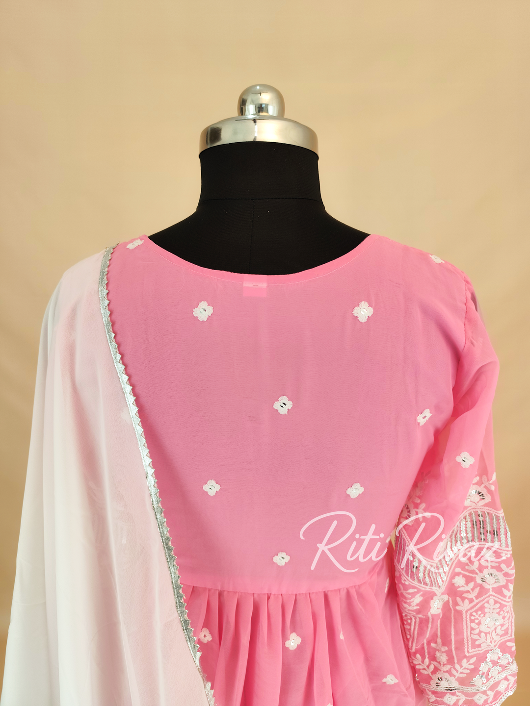 Baby Pink Georgette Gown With Embroidery Sequence Work And Dupatta For Women, Anarkali Gown, Long Flared Dress For Wedding,Dress For Wedding