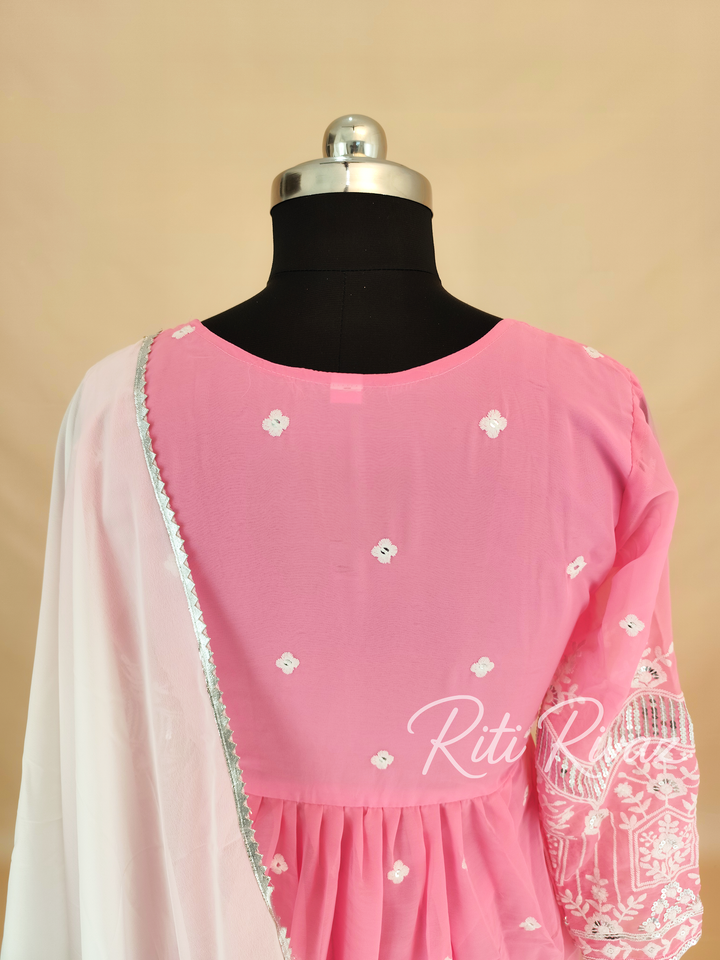Baby Pink Georgette Gown With Embroidery Sequence Work And Dupatta For Women, Anarkali Gown, Long Flared Dress For Wedding,Dress For Wedding