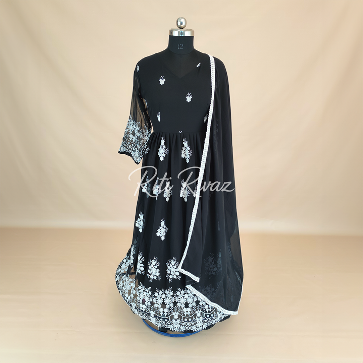 Black Georgette Gown With Sequence Embroidery Work And Dupatta For Women, Anarkali Kurti, Long Flared Dress, Indian Wear Bridesmaid Dress