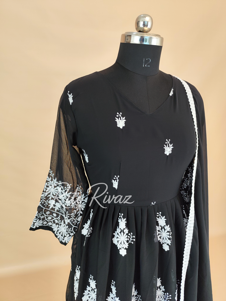 Black Georgette Gown With Sequence Embroidery Work And Dupatta For Women, Anarkali Kurti, Long Flared Dress, Indian Wear Bridesmaid Dress