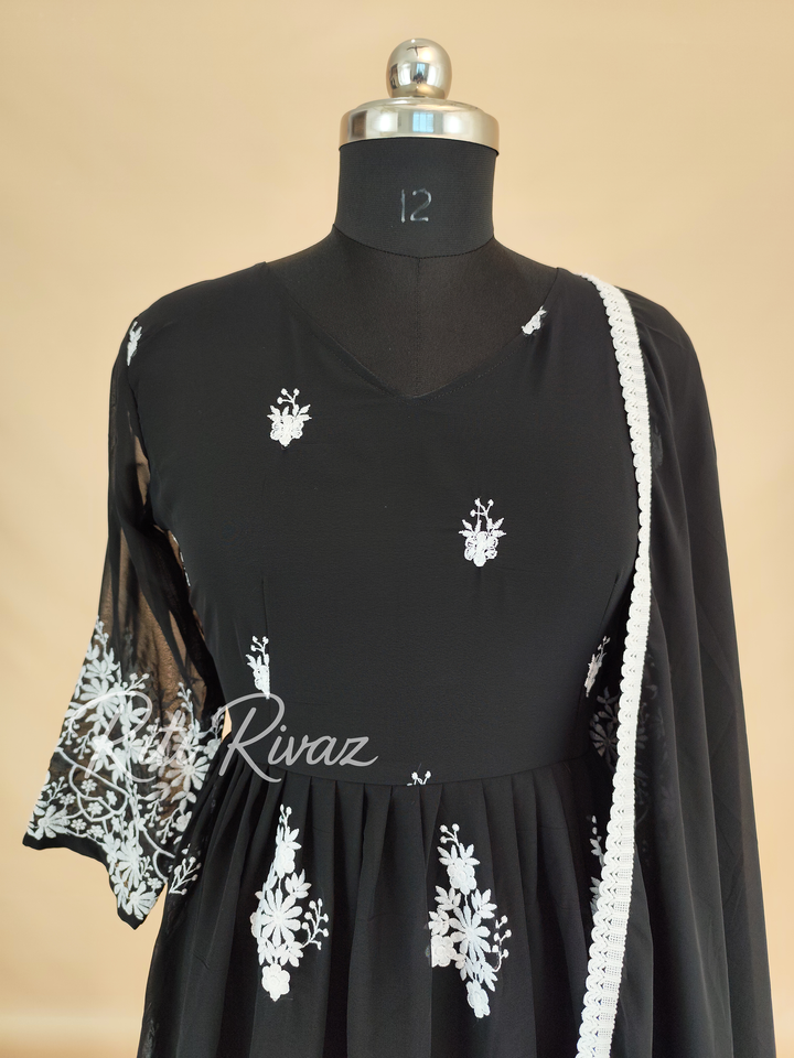 Black Georgette Gown With Sequence Embroidery Work And Dupatta For Women, Anarkali Kurti, Long Flared Dress, Indian Wear Bridesmaid Dress