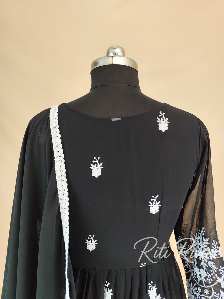 Black Georgette Gown With Sequence Embroidery Work And Dupatta For Women, Anarkali Kurti, Long Flared Dress, Indian Wear Bridesmaid Dress