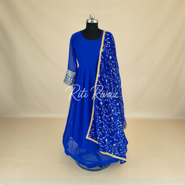 Indian Party Wear Royal Blue Georgette Gown With Heavy Embroidery Sequence Work And Dupatta For Women, Designer Gown, Traditional Dress