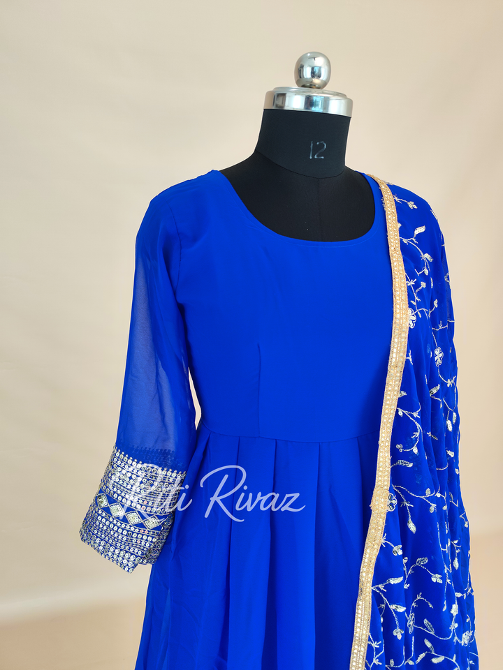 Indian Party Wear Royal Blue Georgette Gown With Heavy Embroidery Sequence Work And Dupatta For Women, Designer Gown, Traditional Dress