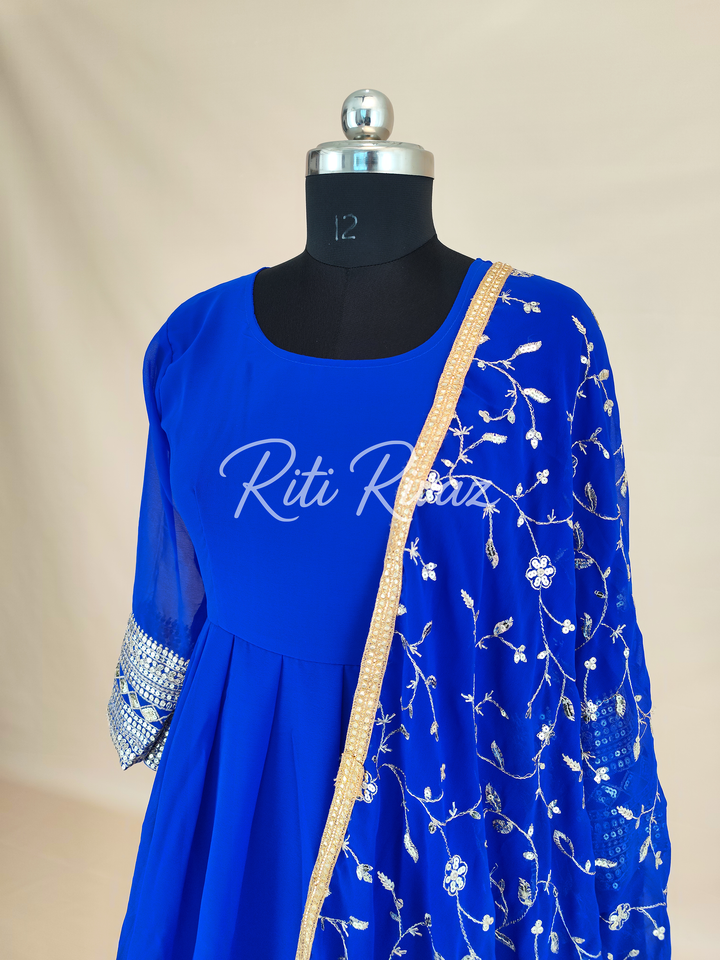 Indian Party Wear Royal Blue Georgette Gown With Heavy Embroidery Sequence Work And Dupatta For Women, Designer Gown, Traditional Dress