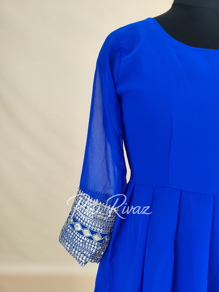 Indian Party Wear Royal Blue Georgette Gown With Heavy Embroidery Sequence Work And Dupatta For Women, Designer Gown, Traditional Dress