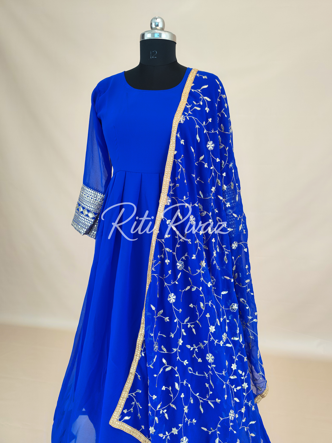 Indian Party Wear Royal Blue Georgette Gown With Heavy Embroidery Sequence Work And Dupatta For Women, Designer Gown, Traditional Dress