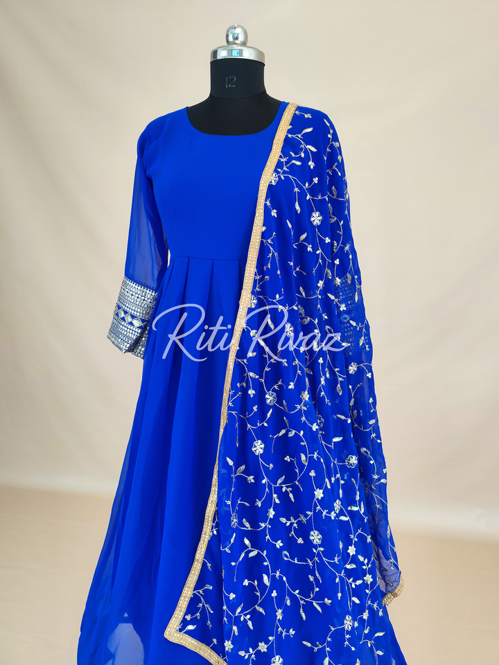 Indian Party Wear Royal Blue Georgette Gown With Heavy Embroidery Sequence Work And Dupatta For Women, Designer Gown, Traditional Dress
